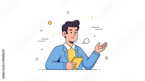 Illustrated young caucasian male professional holding tablet in blue suit