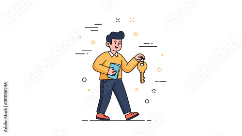 Cartoon young caucasian male holding keys and book walking confidently