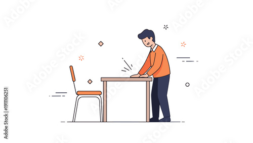 Young caucasian male adjusting chair at table