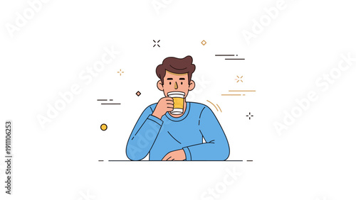 Young caucasian male drinking coffee in minimalist art style