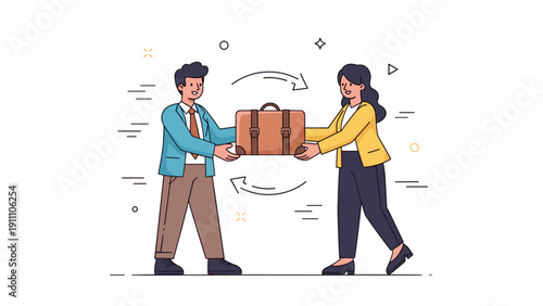 Asian male female professionals exchanging briefcase symbolizing business transfer