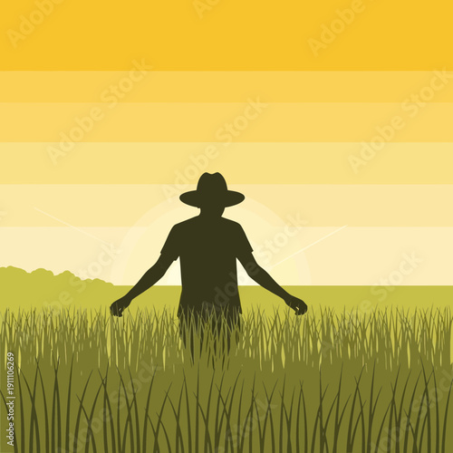 Farmer Standing In Golden Field At Sunrise Silhouette Peaceful Agriculture Scene