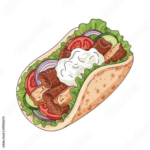 Traditional Greek Gyros Realistic Flat Vector Illustration Isolated on White Background