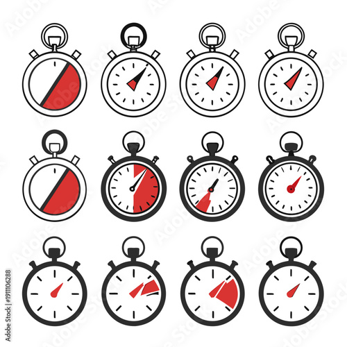 A collection of stopwatches with different times and red accents Vector