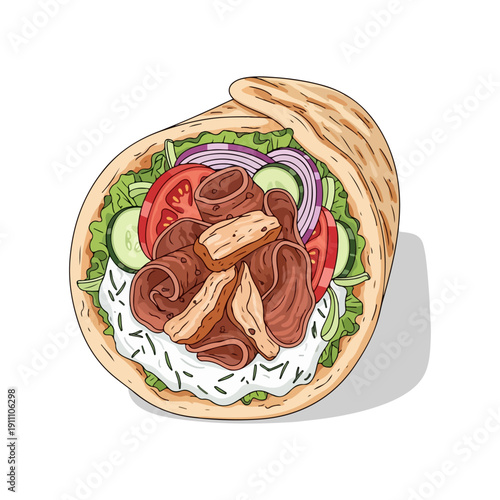 Traditional Greek Gyros Realistic Flat Vector Illustration Isolated on White Background