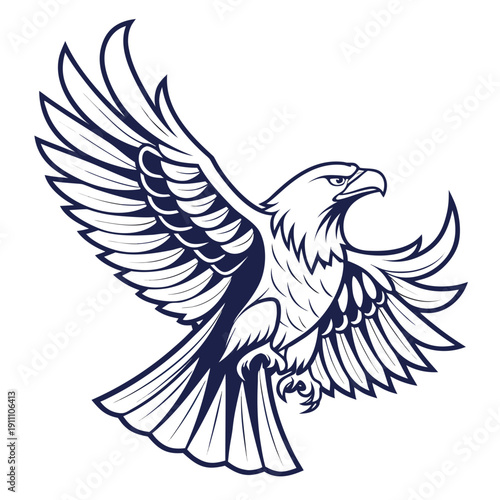 A blue and white drawing of an eagle with its wings spread Vector