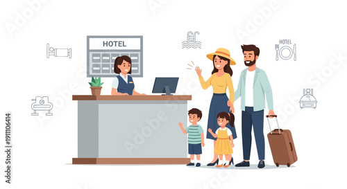 Family Arrives At Hotel Check-In Desk For Vacation