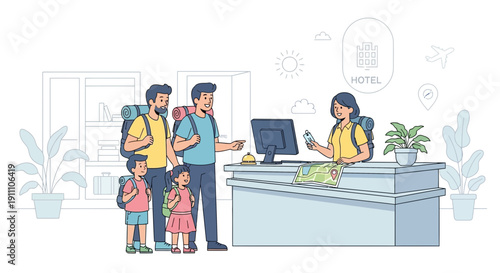 Family Arrival At Hotel Reception Welcoming Vacation Travel Journey