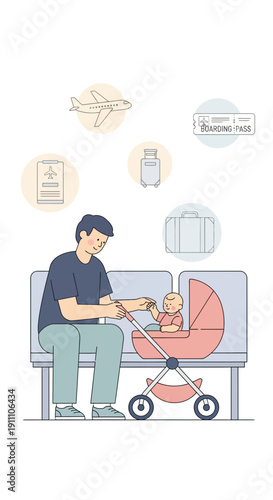 Father And Baby Traveling Through Airport Terminal With Icons