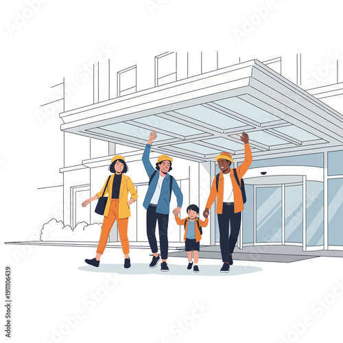 Family Arrives At Modern Hotel Entrance Excited For Vacation Adventures