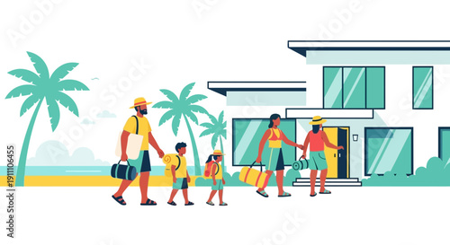 Family Arrives At Tropical Vacation Home With Luggage