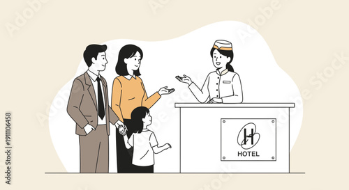 Family Arriving At Hotel Reception For Check In Service