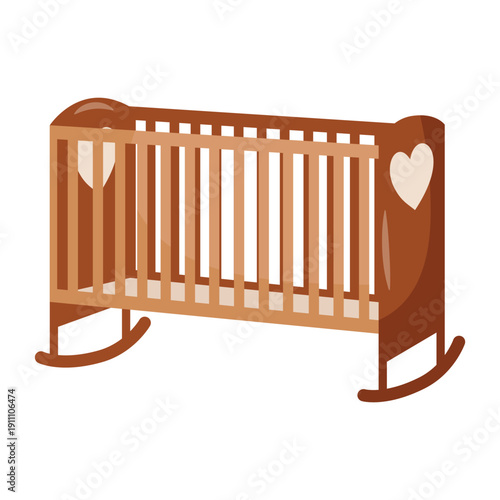 Classic wooden baby crib in flat cartoon style isolated on light background. Suitable for nursery interior themes, baby products, and children designs.