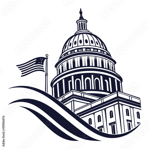 Icon of the united states capitol building with american flag Vector