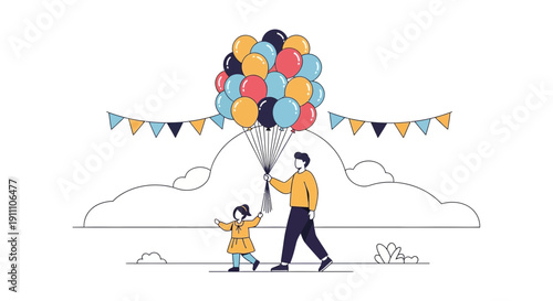 Father And Daughter Enjoying A Festive Outdoor Celebration With Balloons And Bunting