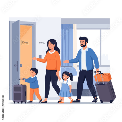 Family Arriving At Hotel With Luggage For Vacation And Travel