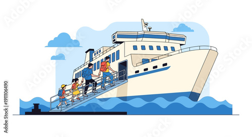 Family Boarding A Large Cruise Ship For Vacation Voyage