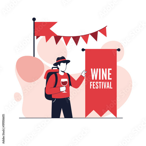 Festive Wine Festival Celebration Banner And Cheerful Visitor Holding Wine Glass Illustration