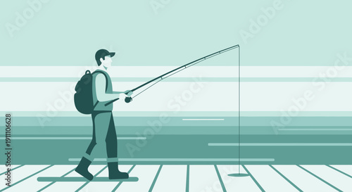 Fisherman Casting Rod on Wooden Dock Over Water Landscape