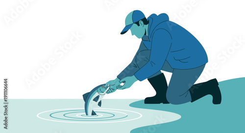 Fisherman Gently Releasing Caught Fish Into Rippling Water