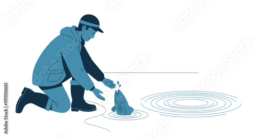 Fisherman Gently Releasing Fish Back Into Water