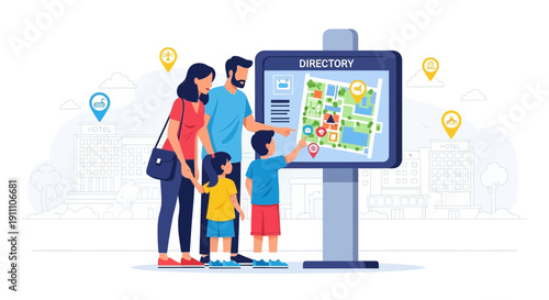 Family Exploring City Directory Map And Information Display