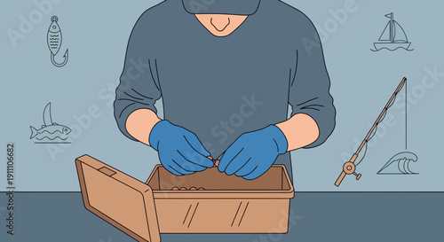 Fisherman Prepares Bait With Tackle Box And Supplies For Angling Adventure
