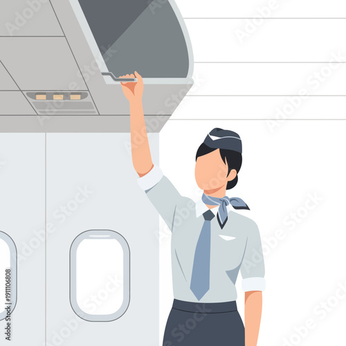 Flight Attendant Opens Overhead Compartment On Airplane Interior