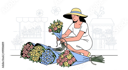 Florist Arranging Bouquets At Outdoor Stall