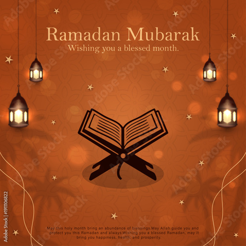 Ramadan Mubarak Greeting Card with Holy Quran and Lanterns, Islamic Holy Month Celebration Background with Quran Illustration, Modern Ramadan Kareem Social Media Post with Glowing Lanterns, Aesthetic 