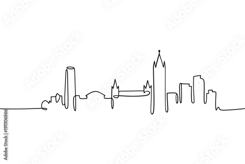 Minimalist one line drawing of a city skyline with prominent spires