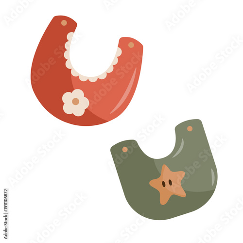Two baby bibs with decorative details in soft flat cartoon style