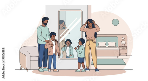 Family Preparing For Outing Facing Mirror Reflections Daily Routines