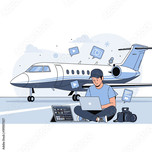 Freelancer Jet Setter Enjoying Remote Work Lifestyle Beside Private Aircraft