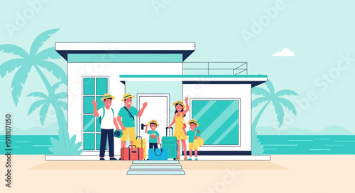 Family Vacation Arrival At Tropical Beach House With Palm Trees