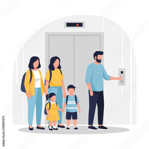 Family Waiting For Elevator In Modern Building Interior Scene