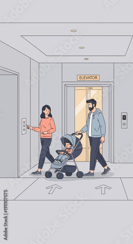 Family Waiting For Elevator With Stroller Everyday Life Scene