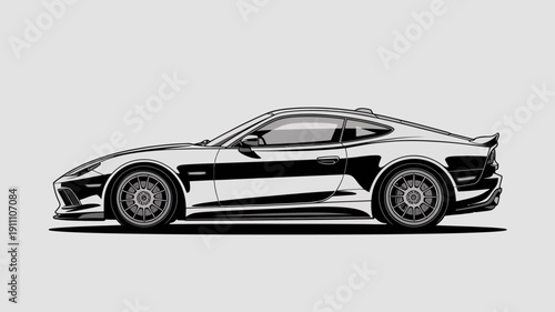 A sleek black sports car is shown in a side view illustration
