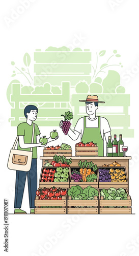 Fresh Produce Market Scene With Farmer Selling Fruits And Vegetables