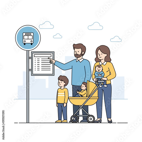 Family Waiting Patiently For Public Transportation At Bus Stop Illustration