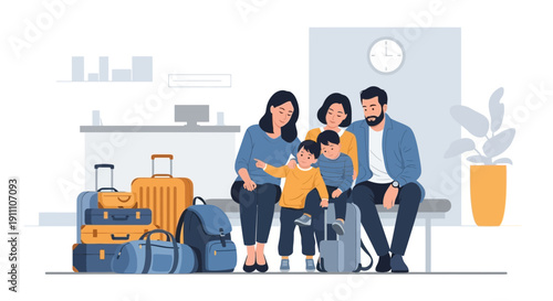 Family Waiting Patiently With Luggage For Travel Adventure Adventure