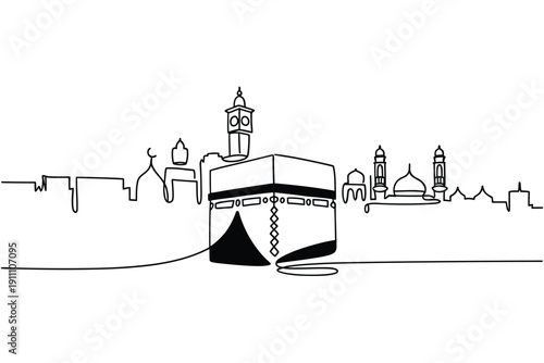 Minimalist line drawing depicting the kaaba and surrounding city skyline