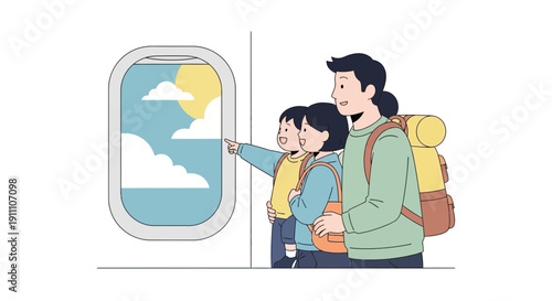 Family Watching Clouds Through Airplane Window On Their Vacation