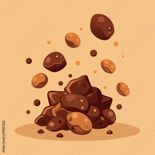 chocolate balls and cocoa beans falling in the air
