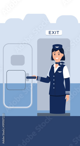 Friendly Flight Attendant Welcomes Passengers Through Aircraft Exit