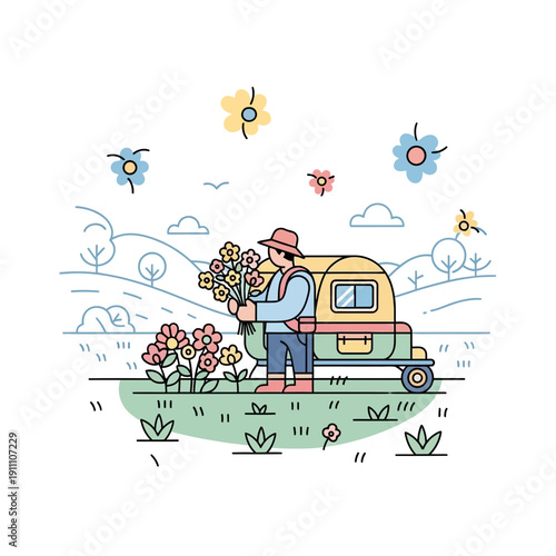 Farmer Picking Flowers Next To His Auto Rickshaw in the Countryside