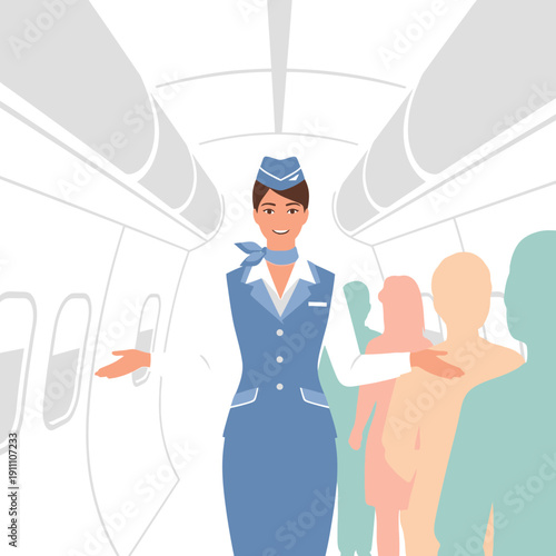 Friendly Flight Attendant Welcoming Passengers Aboard Airplane Interior