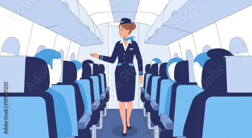 Friendly Flight Attendant Welcoming Passengers Inside Airplane Cabin