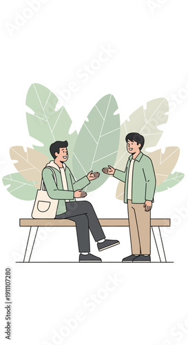 Friendly Outdoor Conversation Between Two Young Men Sharing A Casual Chat On A Bench