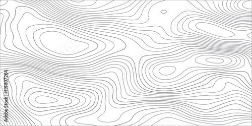 Abstract black and white topographic map texture with flowing contour elevation lines, minimalist terrain relief pattern in gray on white or transparent background for geography and graphic design. 